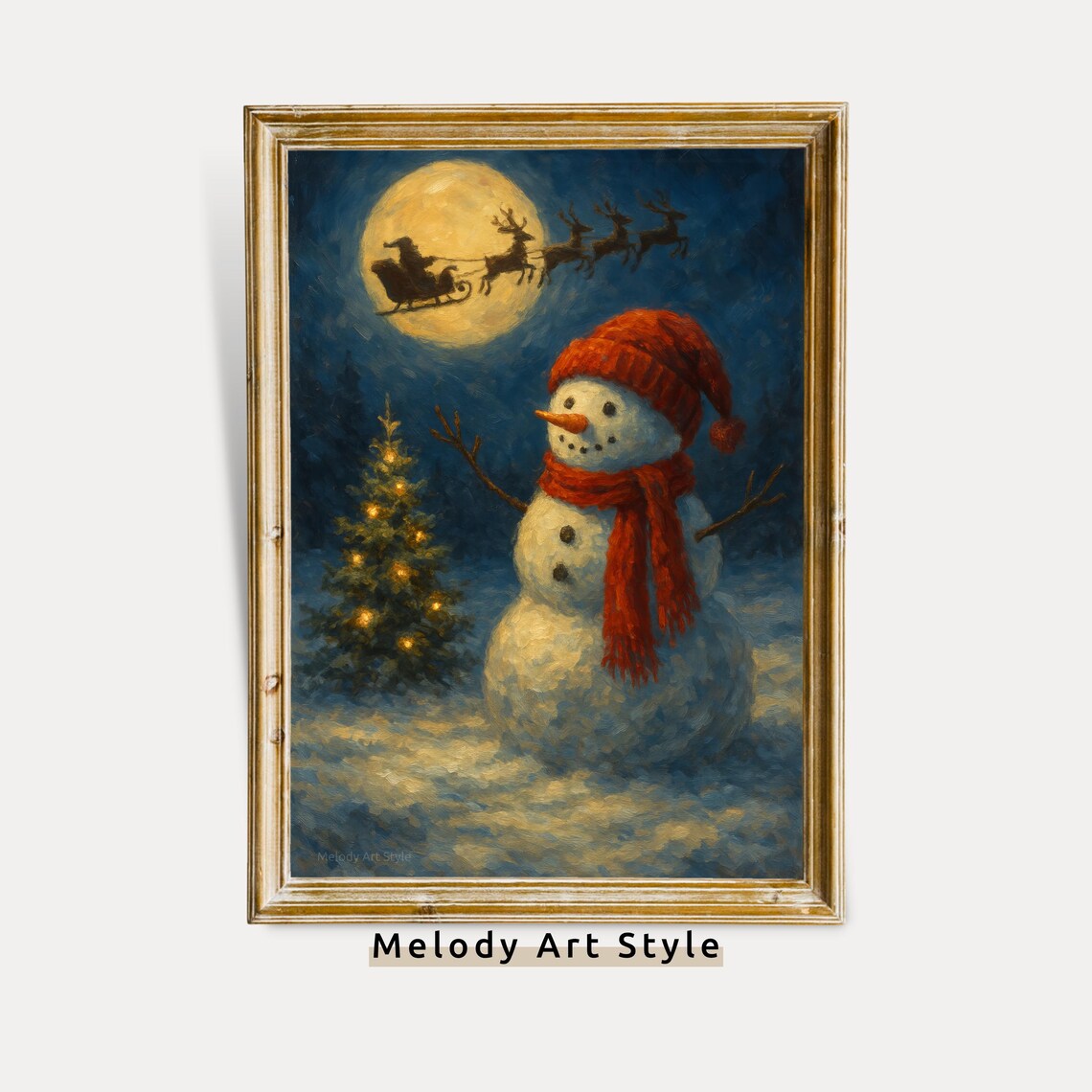 Snowman In Red Scarf Watching Santa Sleigh Across Full Moon Night Poster