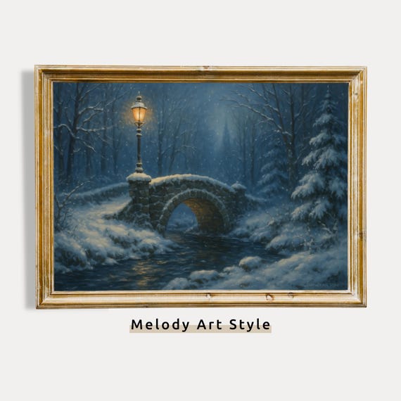 Vintage Snow Bridge Wall Art Painting Moody Winter Landscape P736