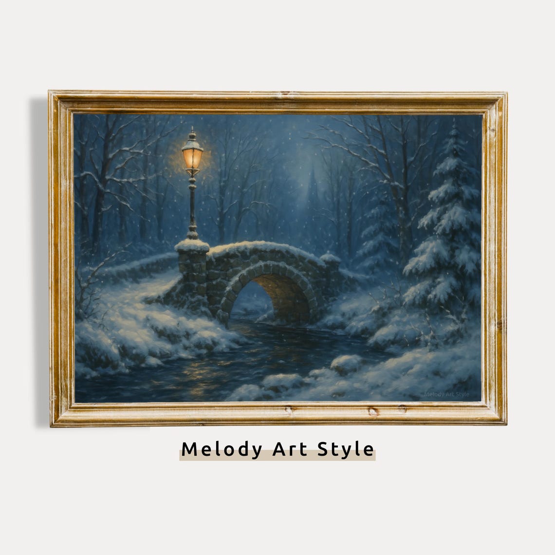 Snowy Stone Bridge With Glowing Lamppost At Night Winter Scene Poster