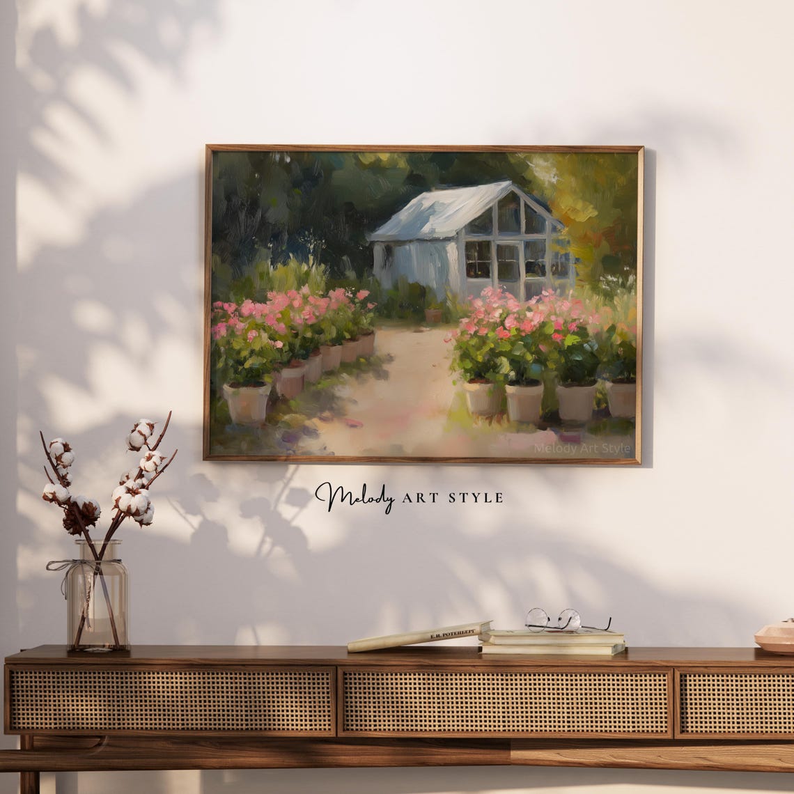 White Greenhouse With Pink Potted Flowers Sunlit Garden Path Poster - Image 2