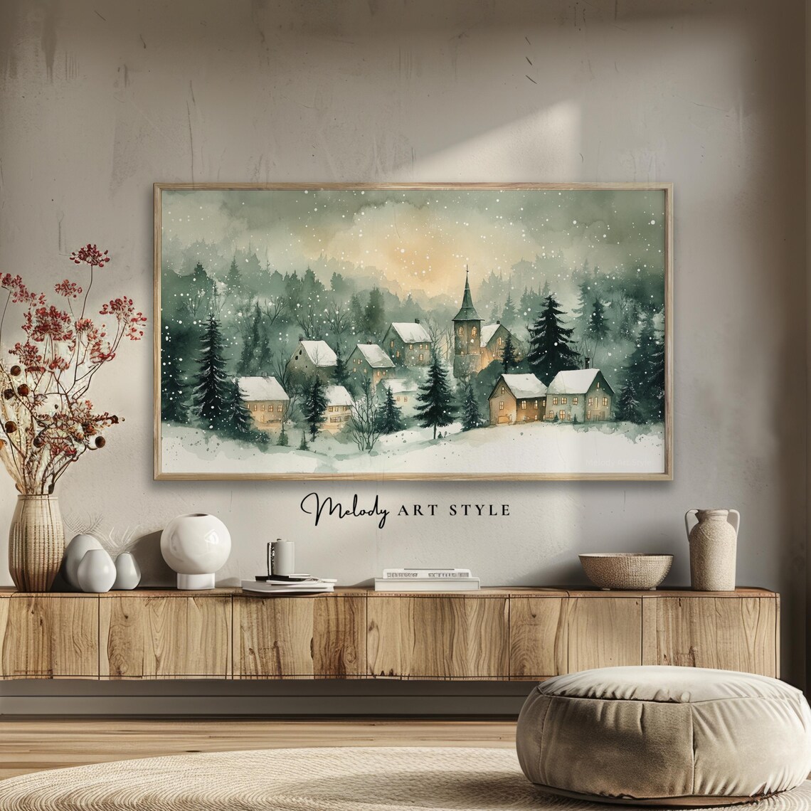 Snowy Christmas Village Watercolor Forest Church Lights Holiday Poster - Image 2