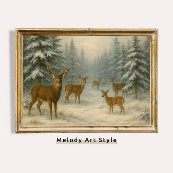 Vintage Deer In Snowy Forest Art Rustic Winter Wall Decor Holiday Print P739