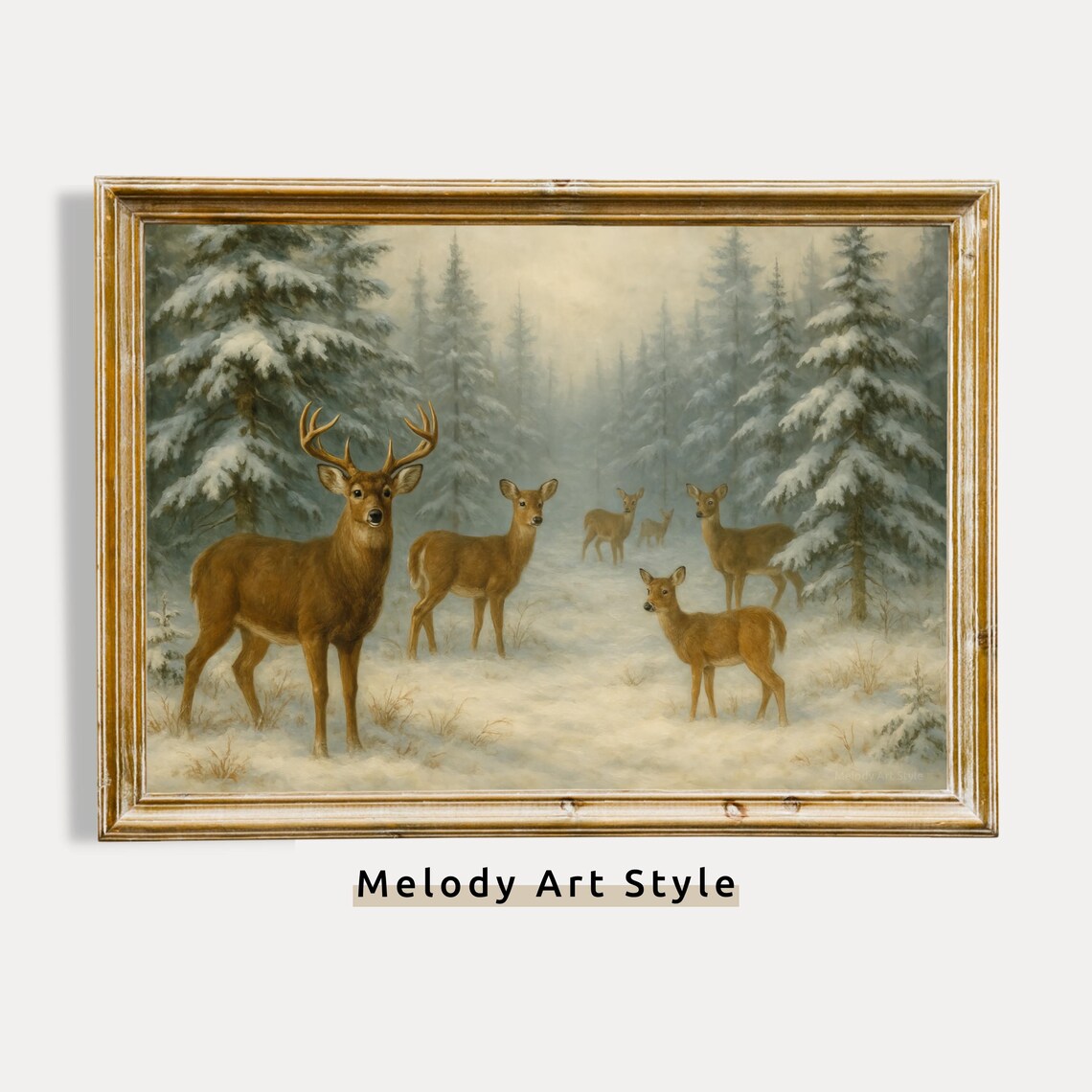 Vintage Deer In Snowy Forest Art Rustic Winter Wall Decor Holiday Print P739