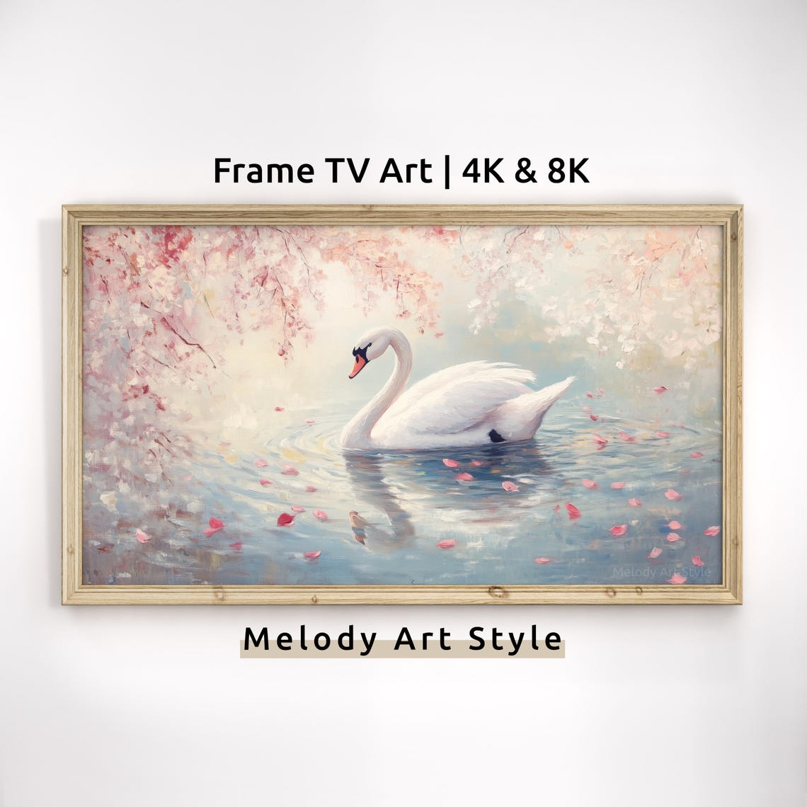 White Swan Gliding On Blossom Petal Lake Romantic Spring Art Poster