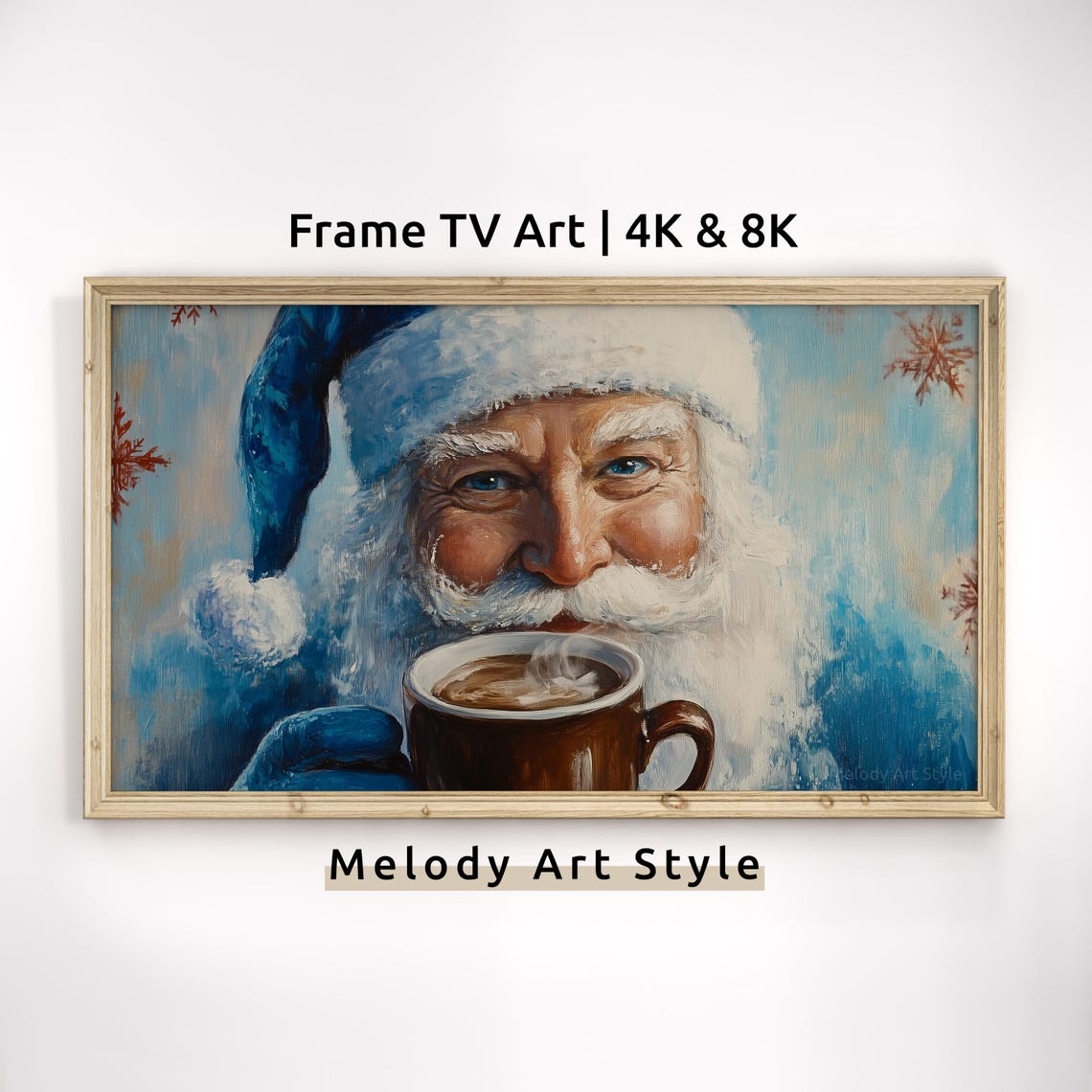 Santa With Hot Cocoa Frame Tv Art 4k 8k Vibrant Blue Santa Claus Christmas Oil Painting Wallpaper For Holiday Screensaver F125
