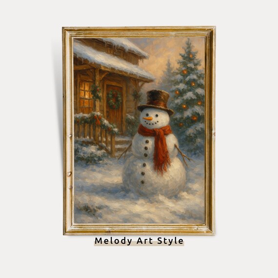 Vintage Snowman With Top Hat Outside Snowy Log Cabin Christmas Poster