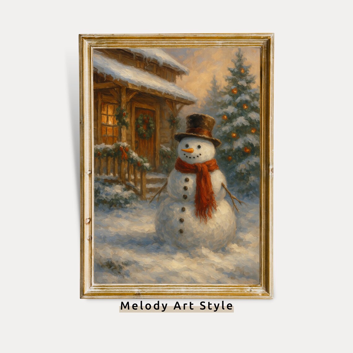 Vintage Snowman With Top Hat Outside Snowy Log Cabin Christmas Poster