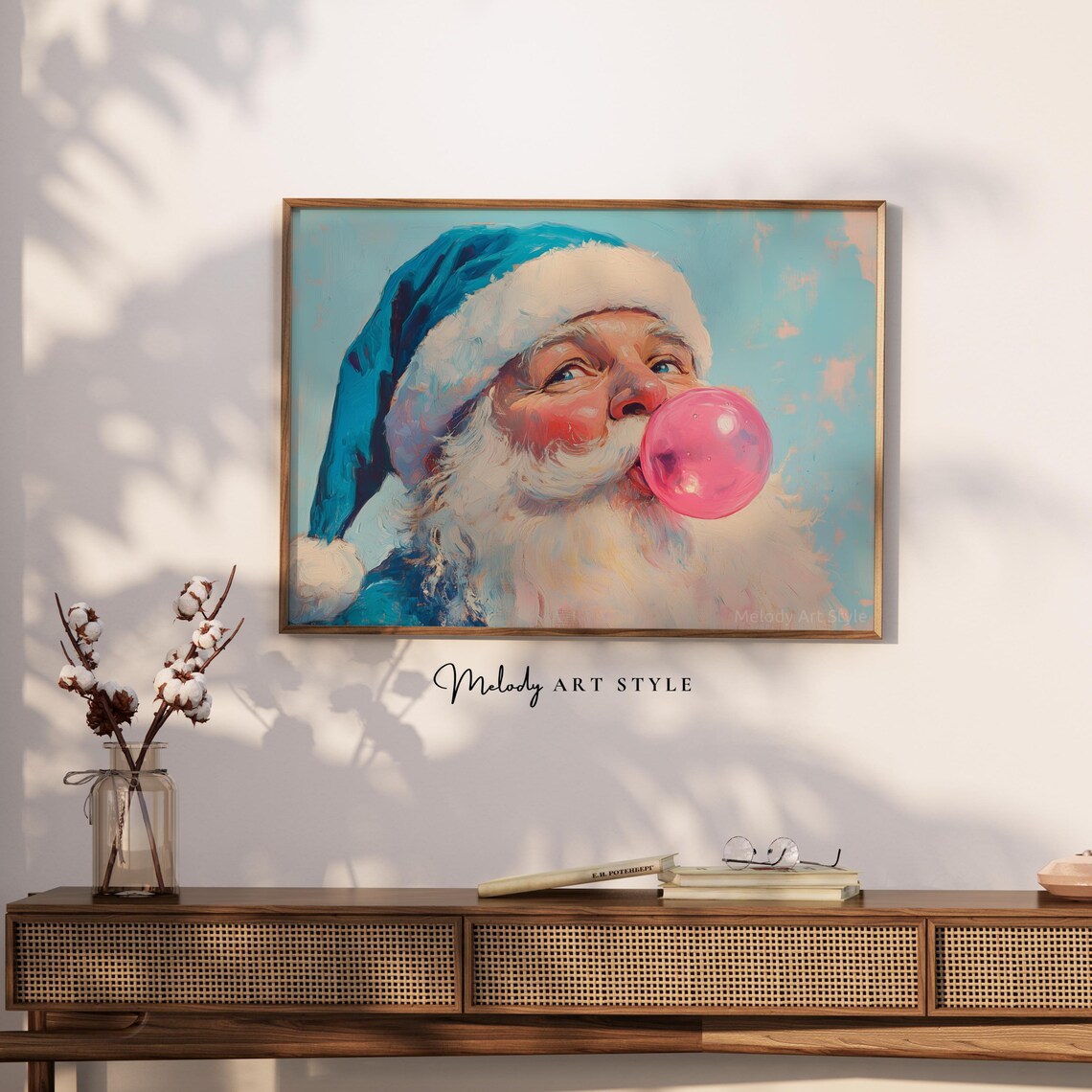 Blue Santa Blowing Pink Bubble Gum Quirky Christmas Art Poster - Image 2