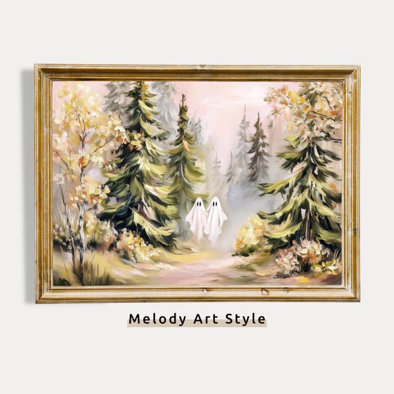 Pine Forest Ghosts Art Evergreen Trees Halloween Wall Print Tranquil Fall Nature Instant P631