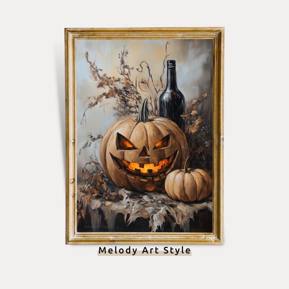 Vintage Jack Olantern Wall Art Print Halloween Pumpkin With Wine Still Life Autumn Rustic Moody Kitchen Or Bar Decor P660