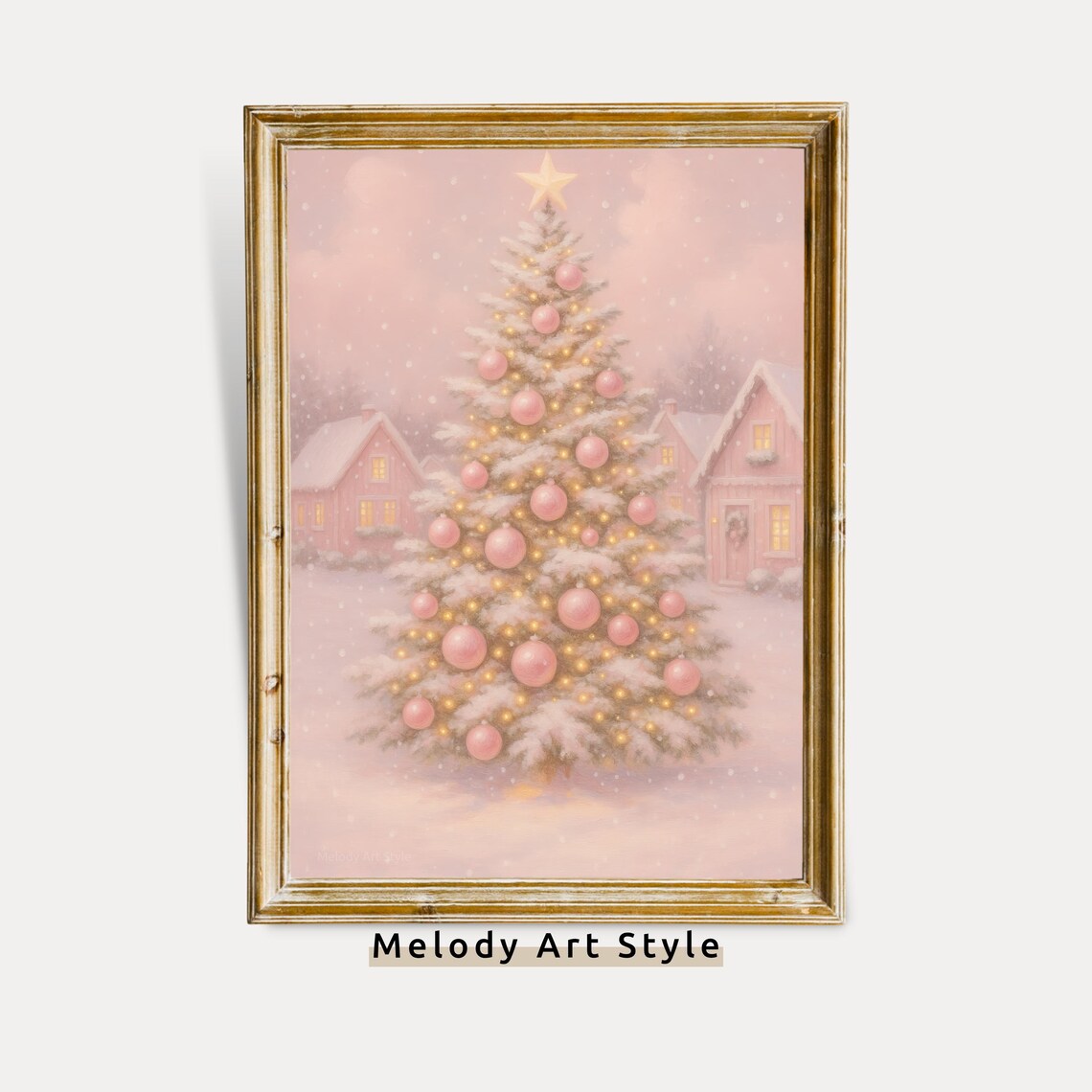 Pink Christmas Tree in a Snowy Village Pastel Holiday Scene Poster