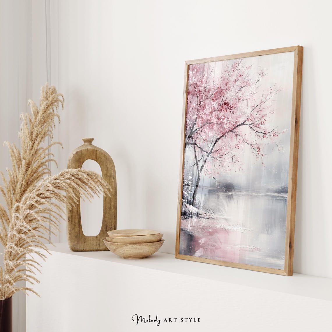 Pink Cherry Blossom Tree Snowy Lake Misty Winter Watercolor Art Poster - Image 2