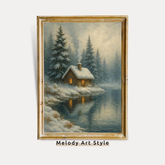 Vintage Snowy Cabin By River Wall Art Painting Cozy Rustic Winter Landscape Print P729