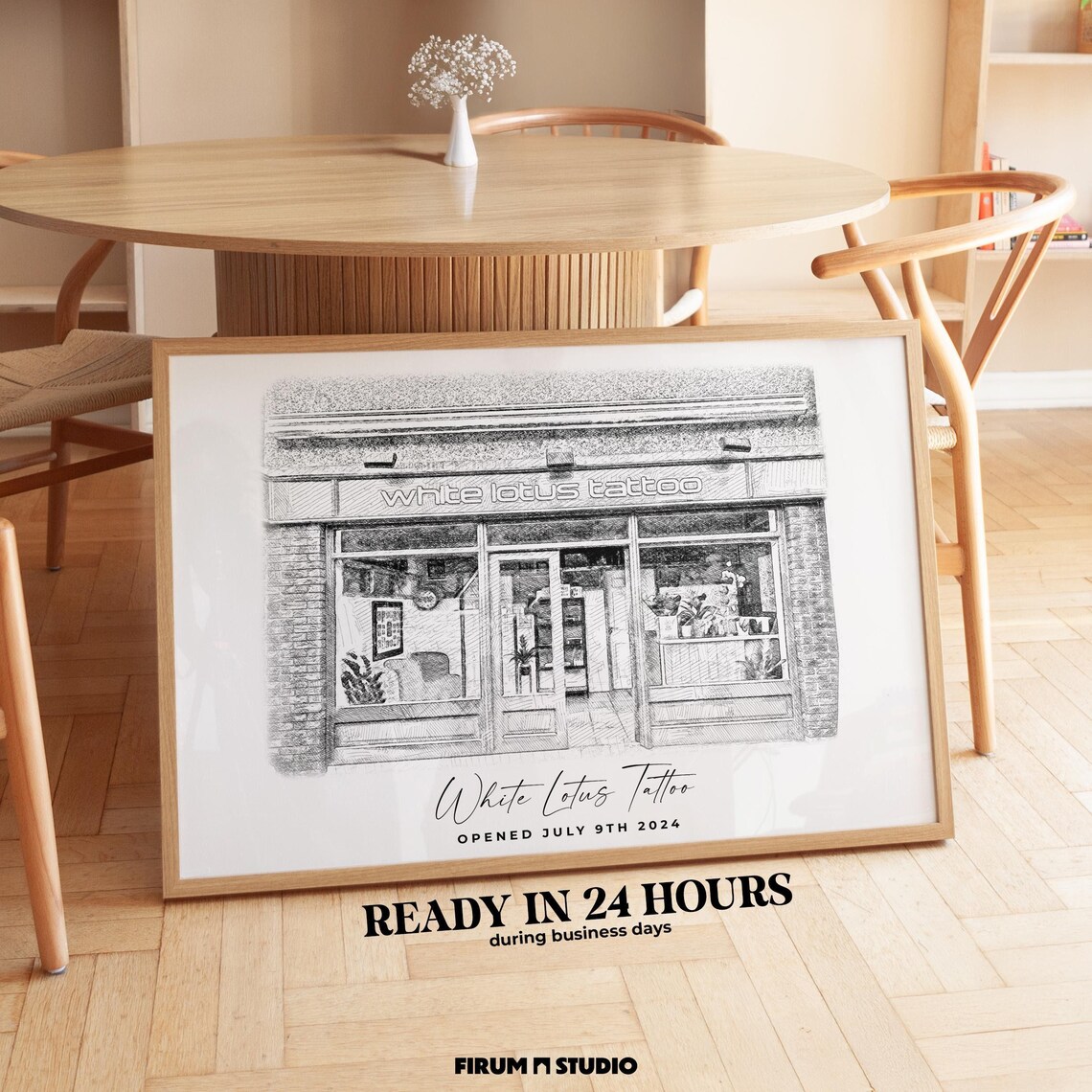 Custom Black And White Storefront Portrait, Business Sketch