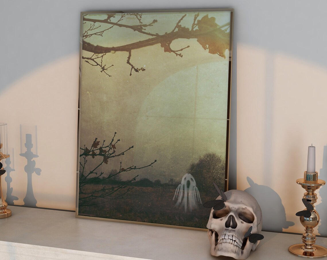 Spooky Sepia Vintage Halloween Ghost Photo in Field Wall Print