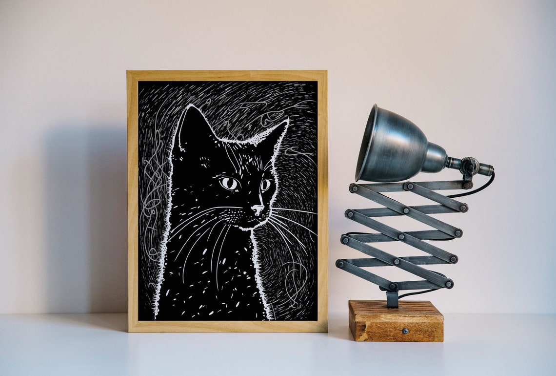 Black Cat Head White on Black Scratchboard Minimalist Pet Poster - Image 3