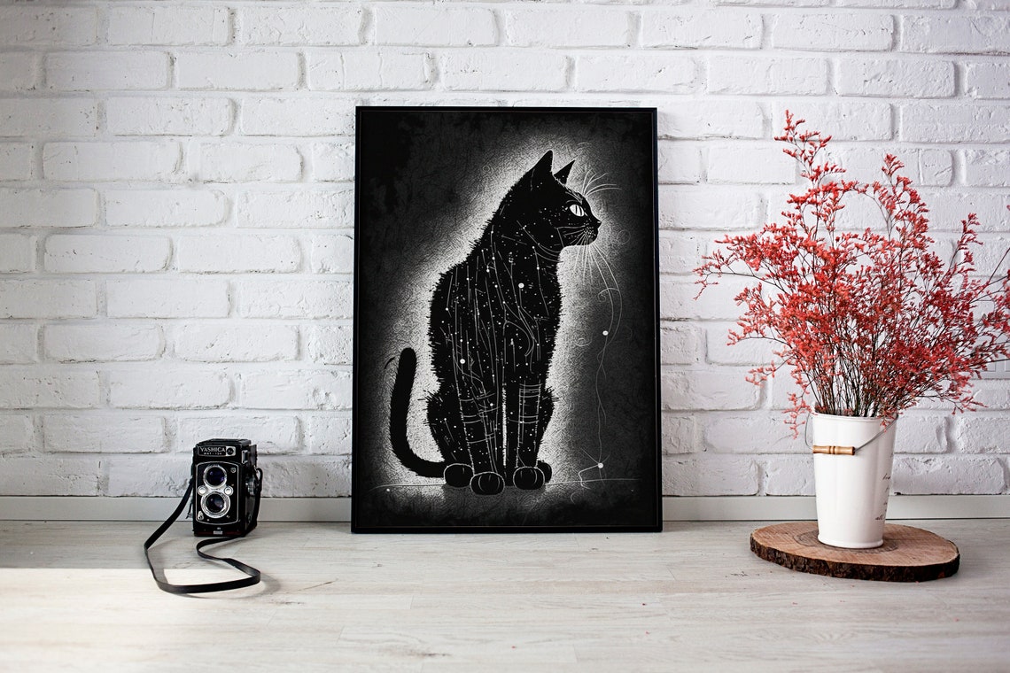 Black Cat Starry Night Silhouette Moody Celestial Animal Art Poster - Image 2