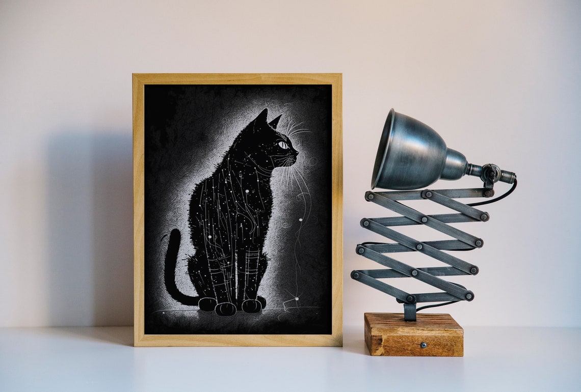 Black Cat Starry Night Silhouette Moody Celestial Animal Art Poster - Image 3