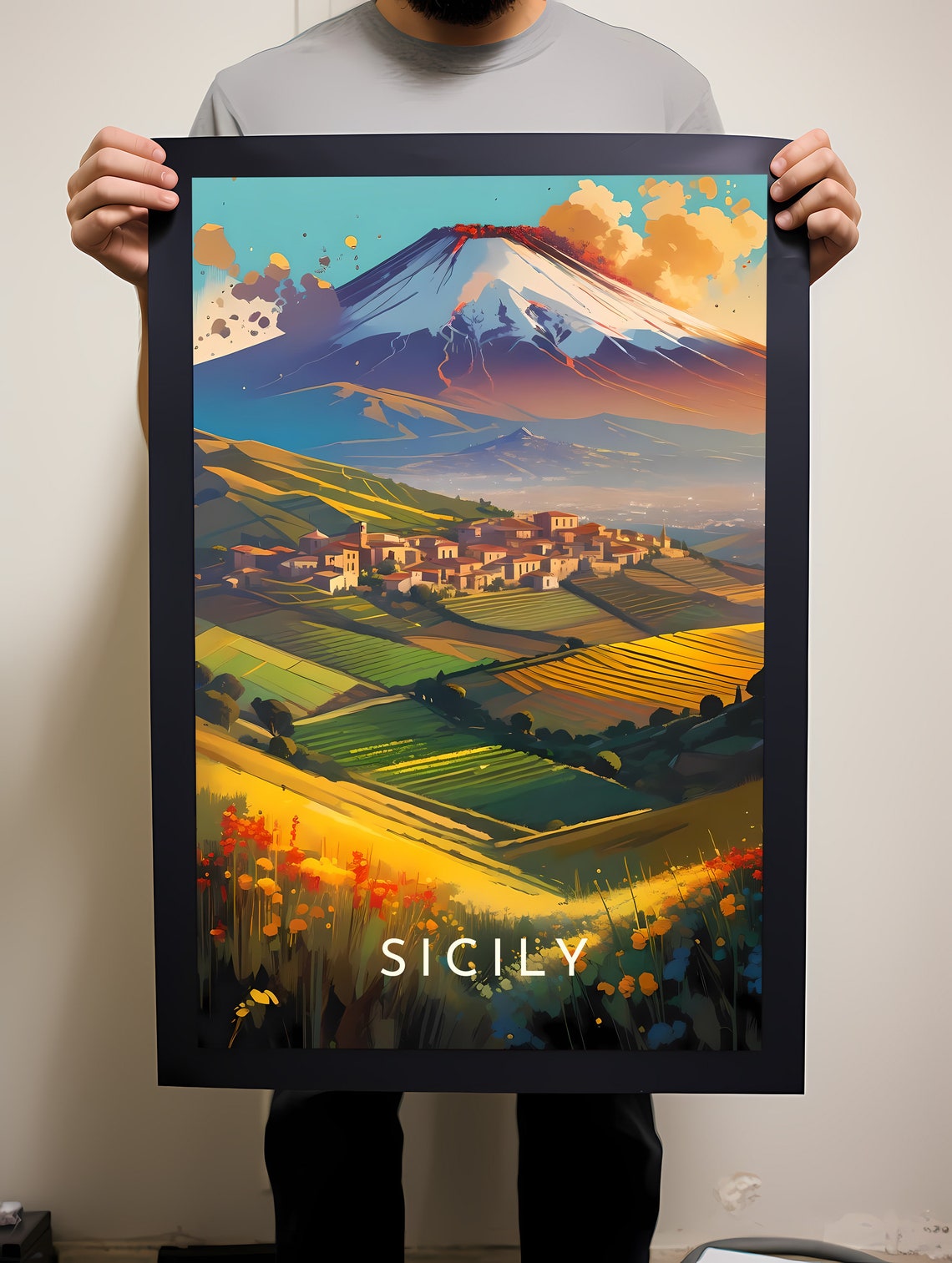 Sicily Italy Mount Etna Village Colorful Landscape Travel Poster