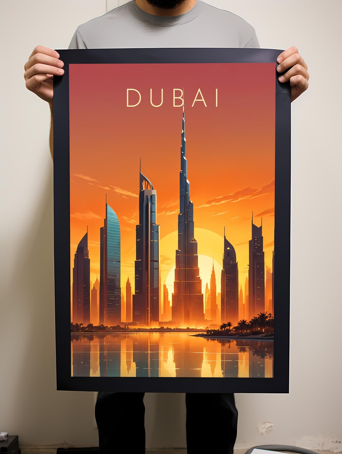 Dubai Sunset Skyline Burj Khalifa Retro Illustration Travel Poster - Image 2