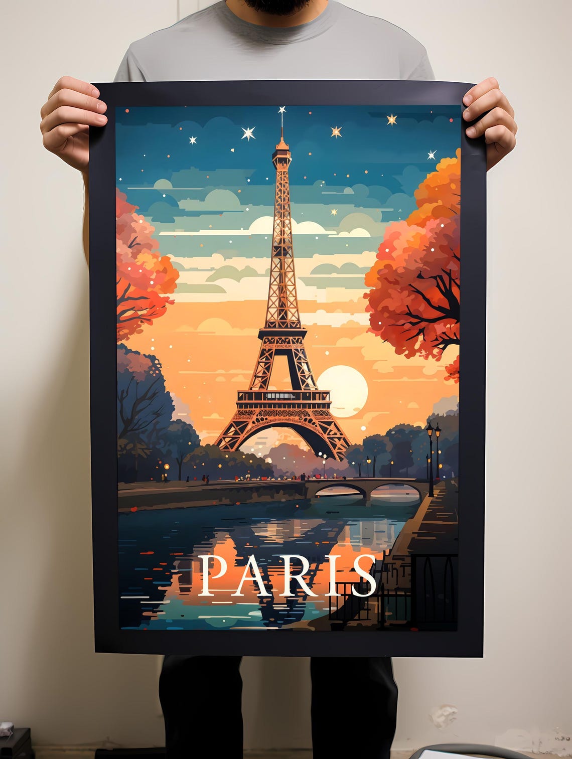 Paris Eiffel Tower Autumn Sunset Seine Illustration Travel Poster - Image 2
