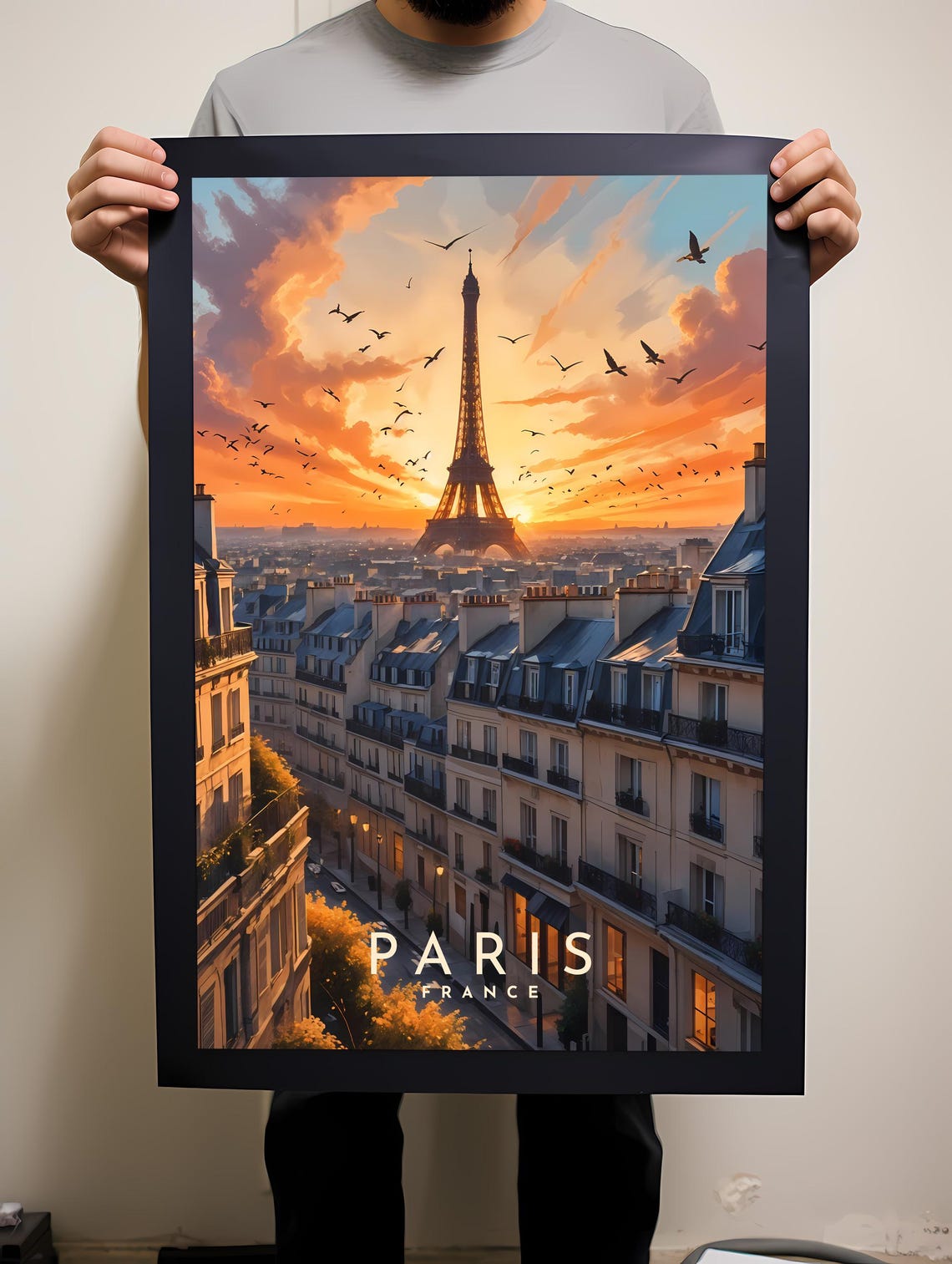 Paris Eiffel Tower Sunset Rooftops Birds France Travel Poster - Image 2