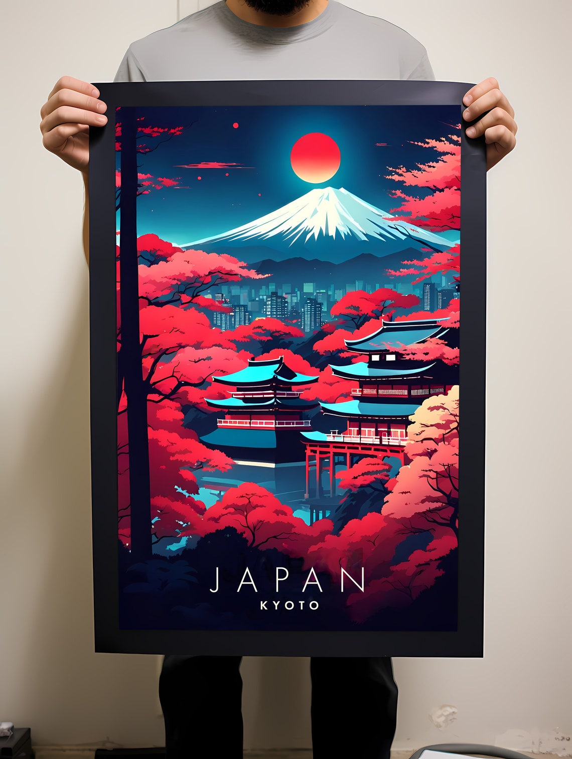 Kyoto Japan Mt Fuji Neon Night Temple Maple Travel Art Poster