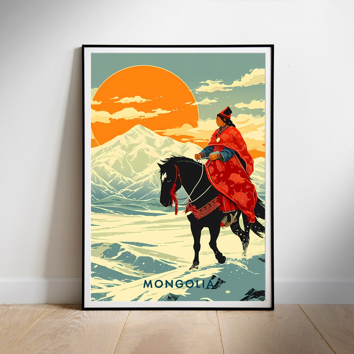 Mongolia Horseman Snowy Steppe Mountains Sunset Illustration Poster - Image 2