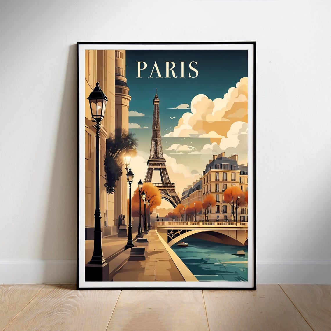 Paris Eiffel Tower Seine Bridge Retro Illustration Travel Poster