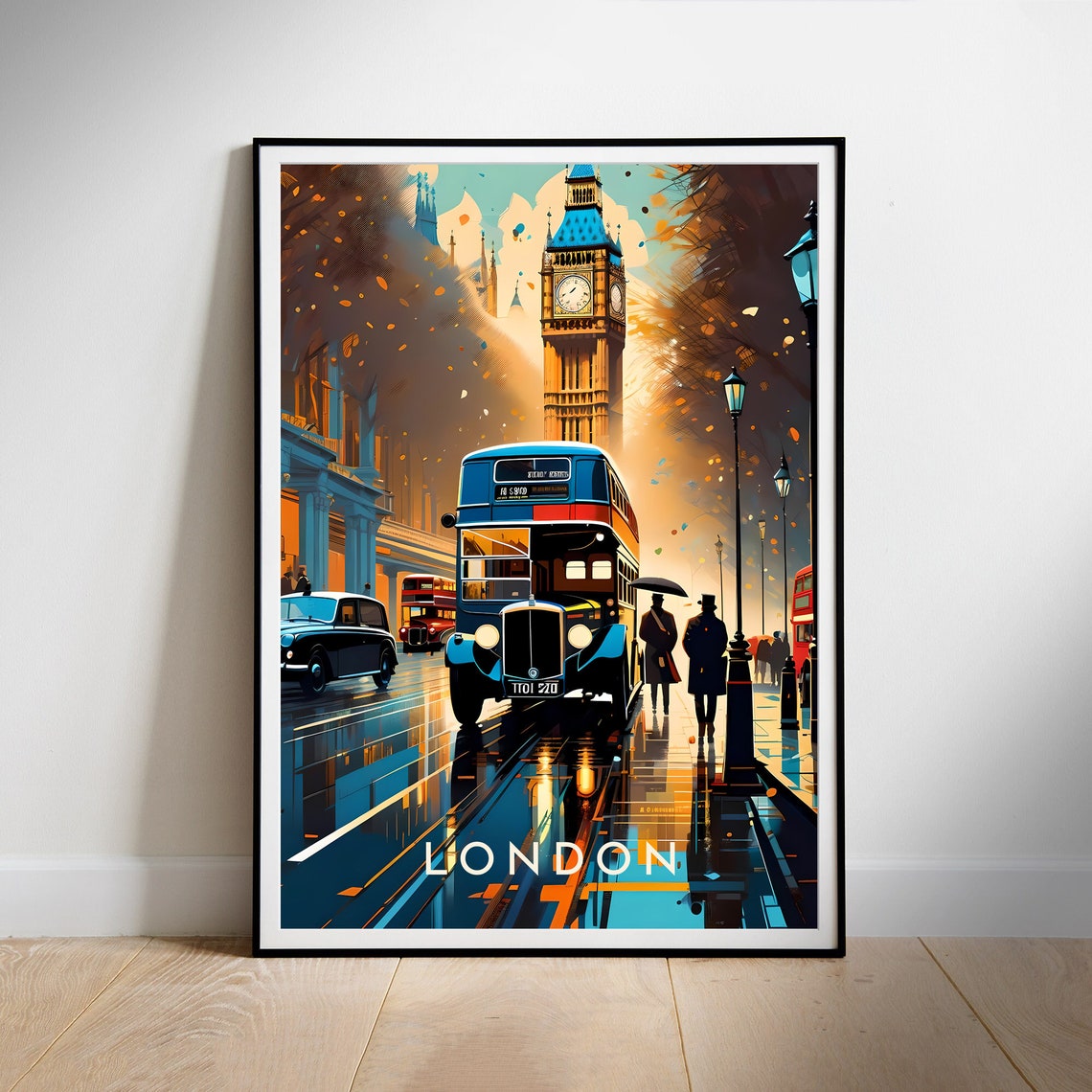 London England Illustrated Big Ben Double-Decker Bus Street Poster