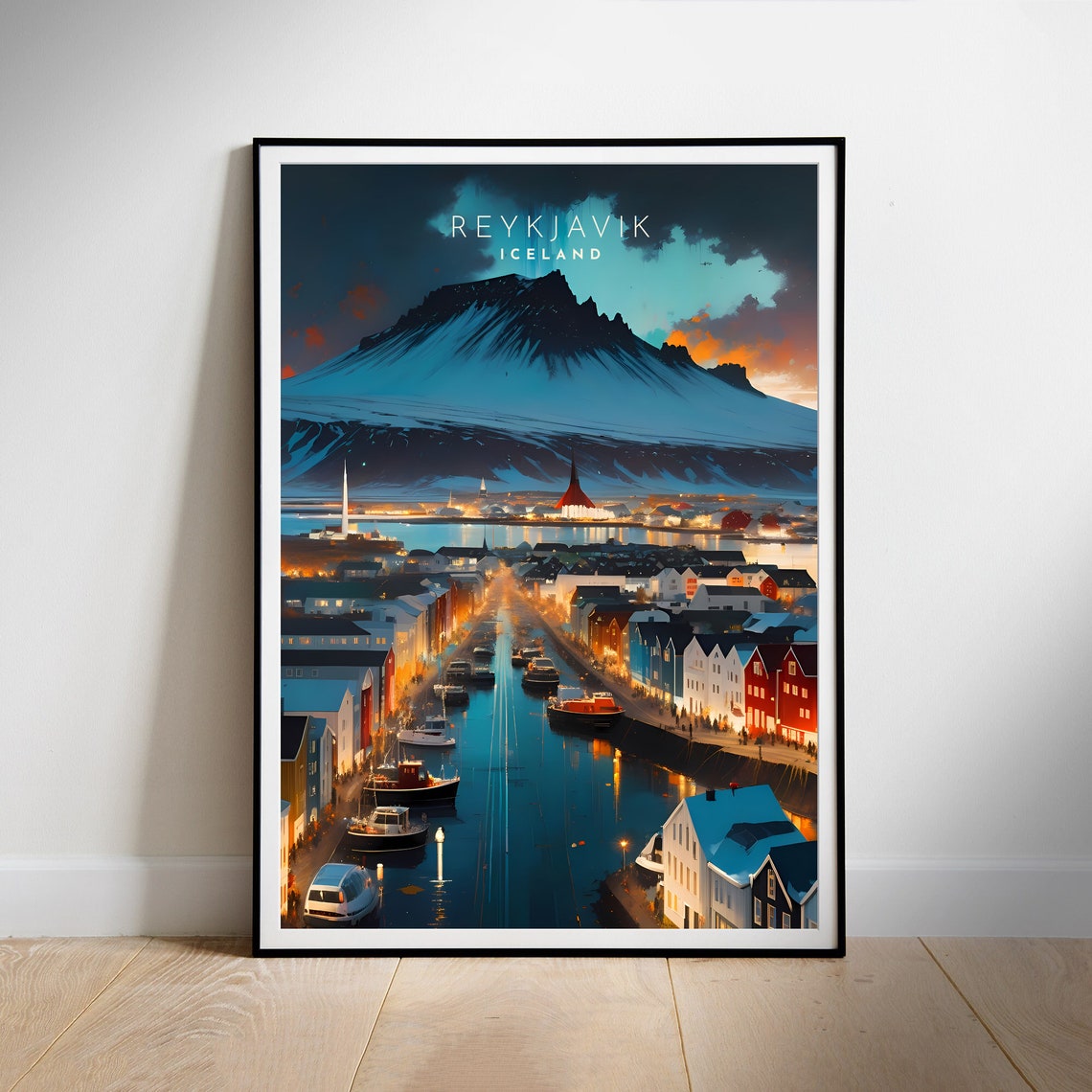 Reykjavik Iceland Harbor Night Snowcapped Mountain Travel Poster