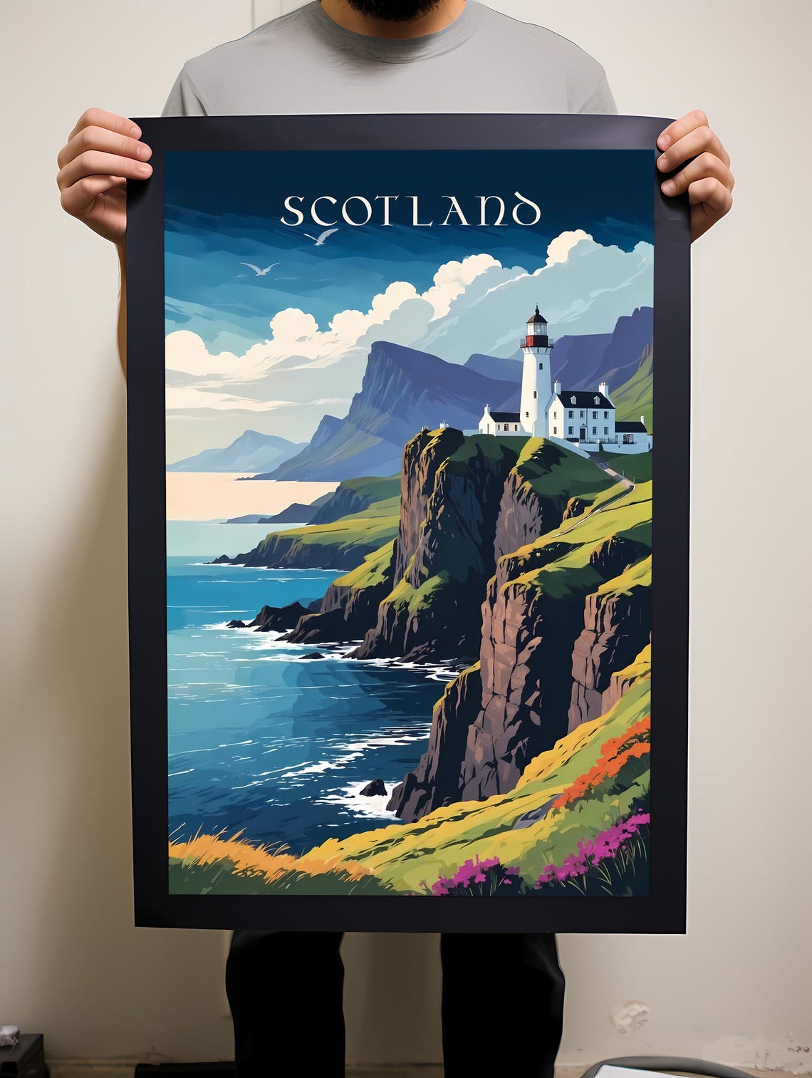 Scotland Lighthouse Dramatic Cliffs Retro Coastal Travel Poster - Image 2