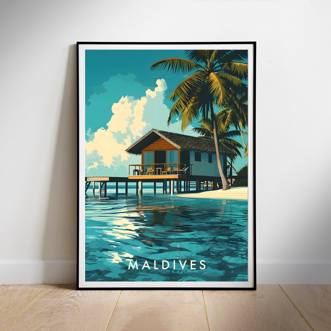 Maldives Overwater Bungalow Turquoise Sea Colorful Travel Poster