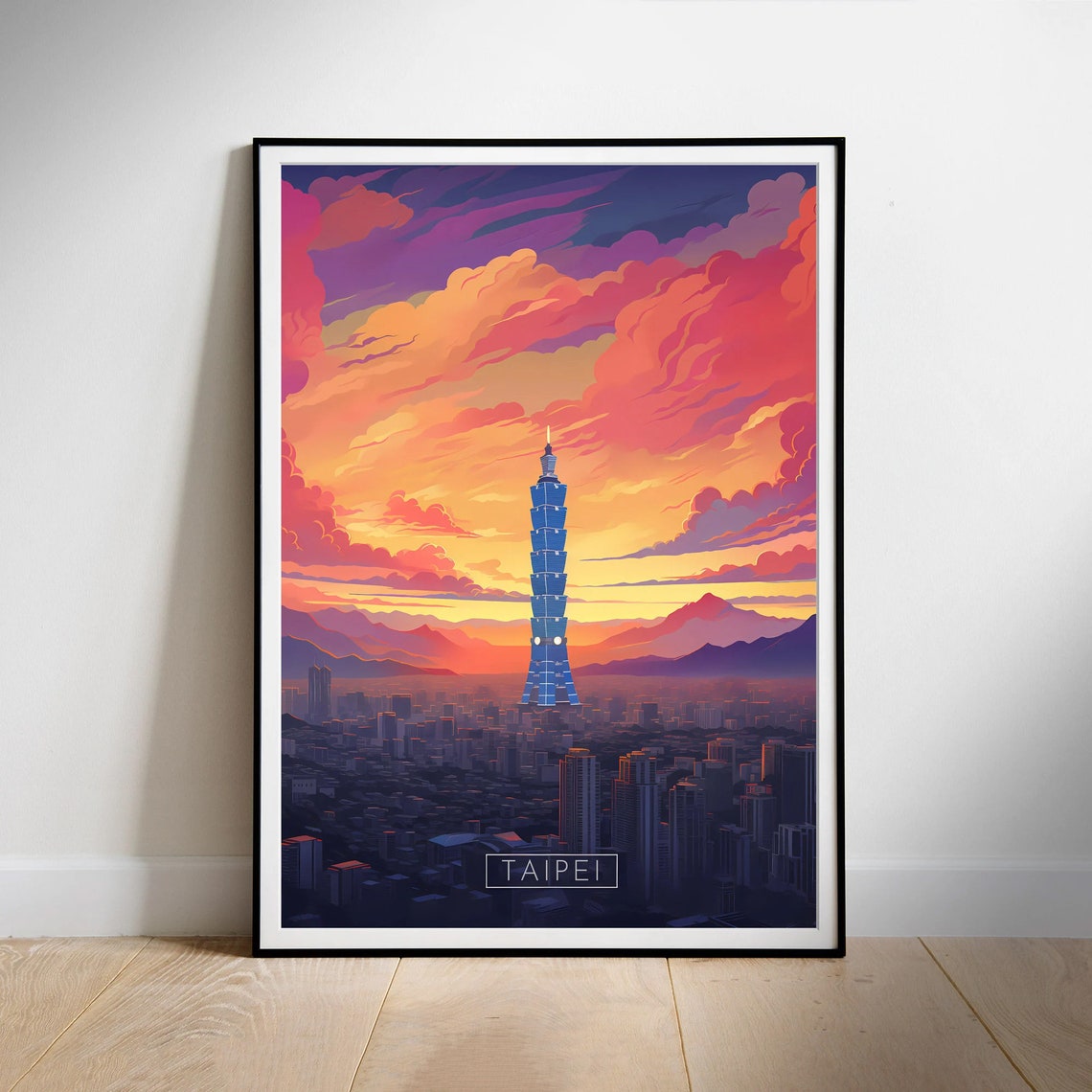 Taipei 101 Taiwan Sunset Skyline Vivid Illustrated City Poster