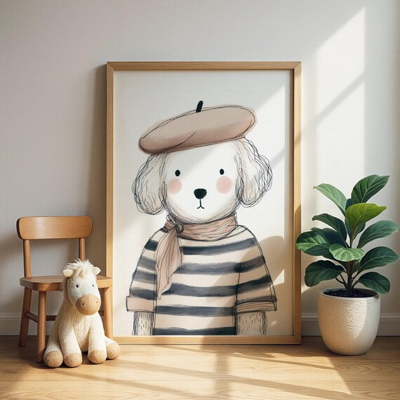 French Puppy in a Beret and Striped Shirt Cute Kids Wall Art