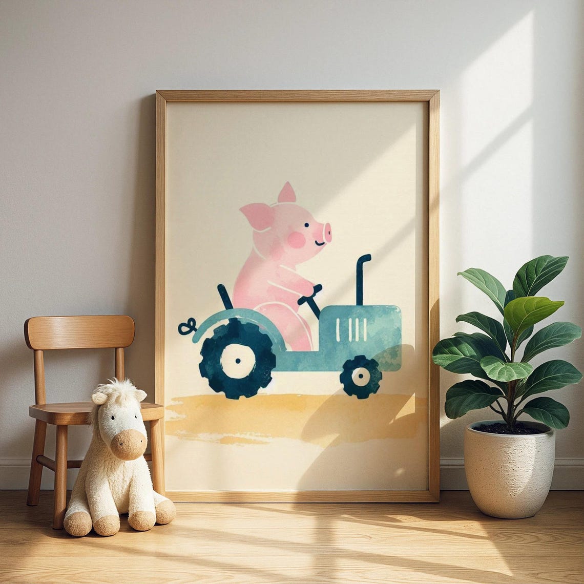 Pink Pig Driving Blue Tractor Farm Nursery Watercolor Art Poster Kids