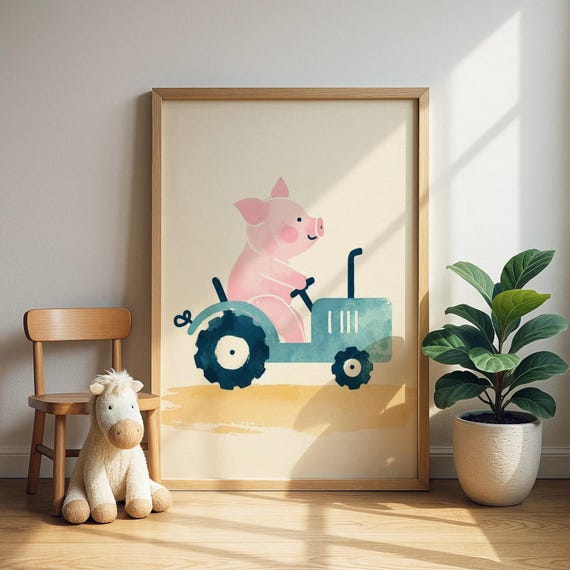 Blue Tractor Pig Print Farm Animal Driving Illustration Baby Room Decor