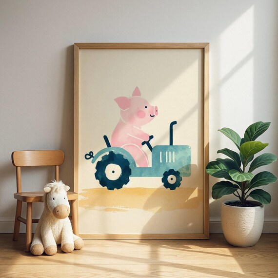 Pink Pig Driving Blue Tractor Farm Nursery Watercolor Art Poster Kids