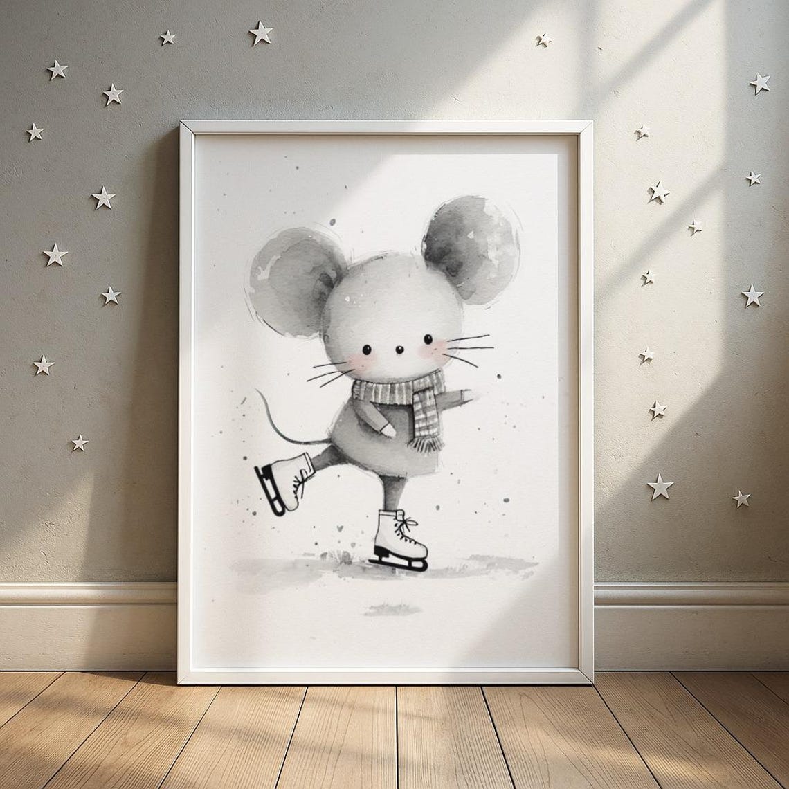 Ice Skating Mouse Wall Art Cozy Scarf Wearing On Illustration Kids Room Decor