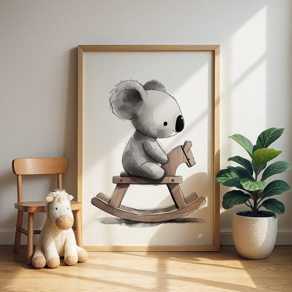 Koala Wood Horse Toy Print Cute Riding Wooden Rocking Wall Art Nursery Decor