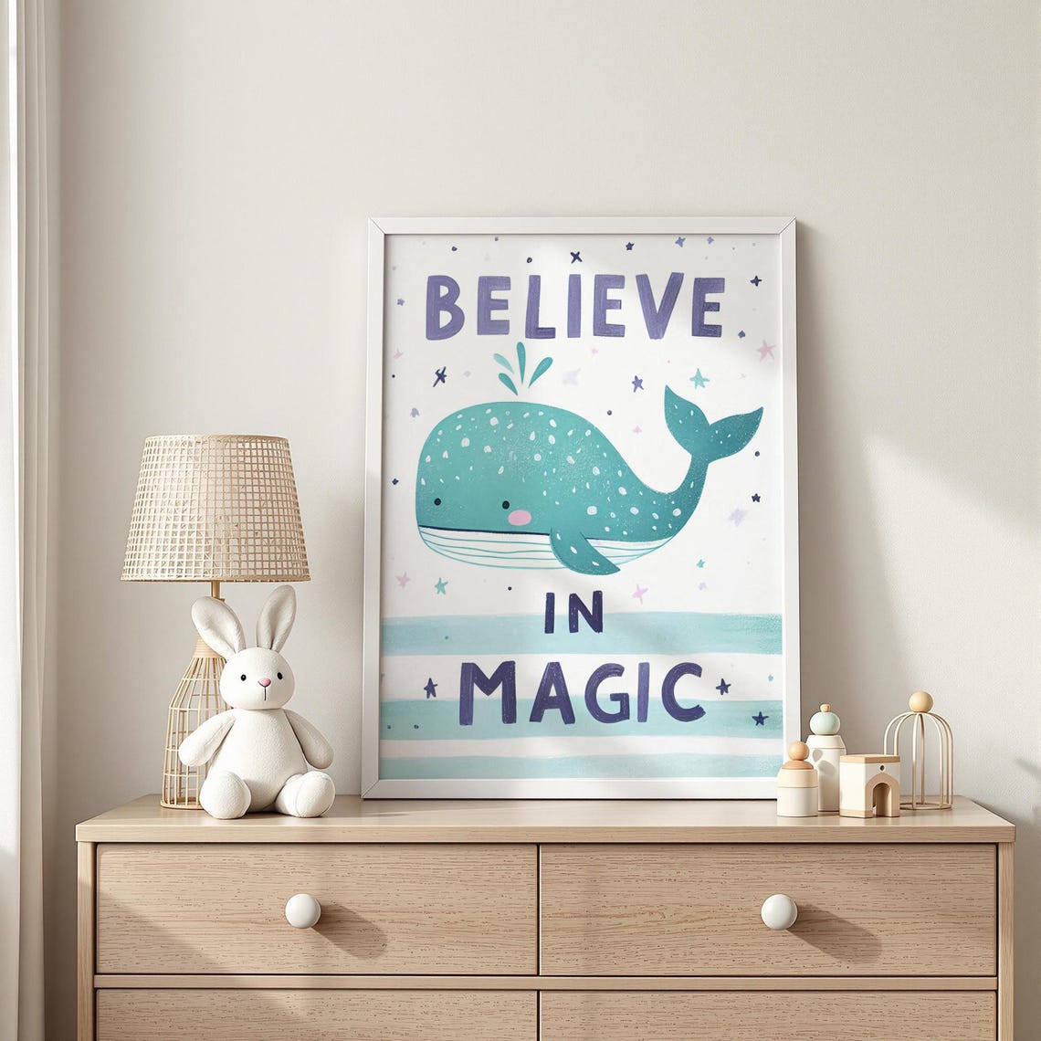 Believe in Magic Blue Whale Inspirational Kids Room Wall Art