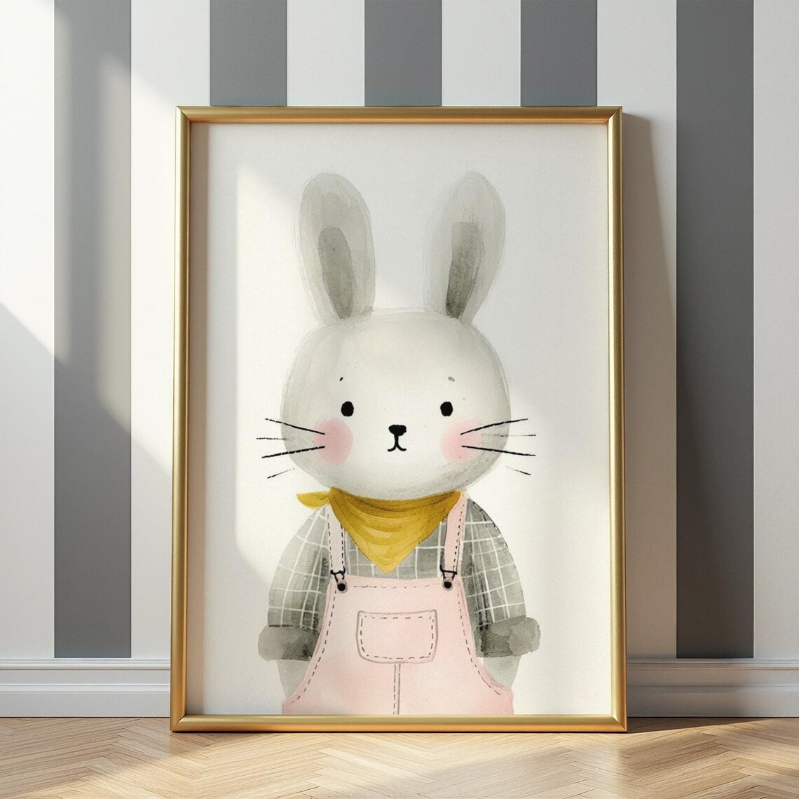 Cute Bunny Portrait Pink Overalls Nursery Watercolor Artwork Poster