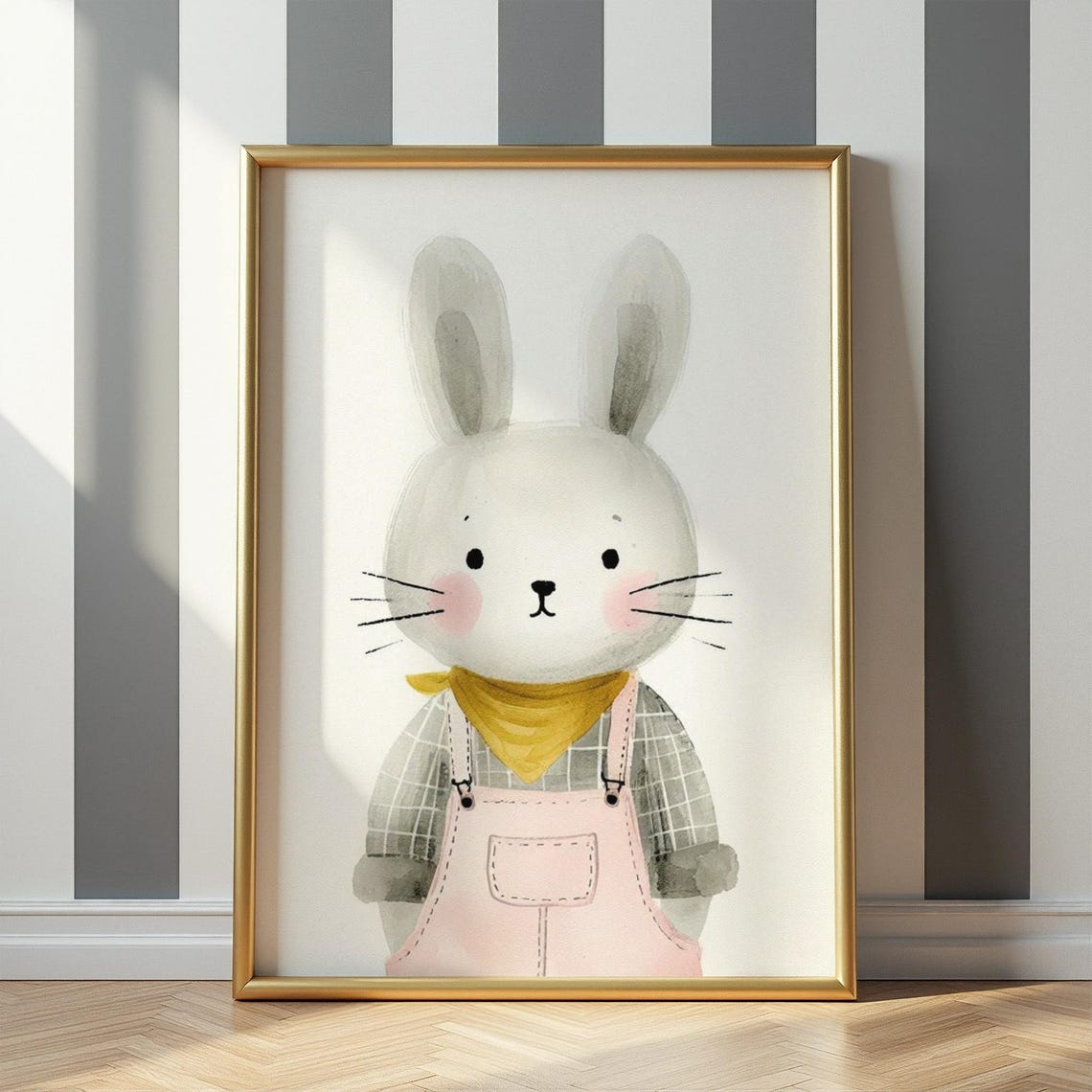 Pink Overalls Bunny Portrait Print Adorable Cub Nursery Art Baby Room Decor