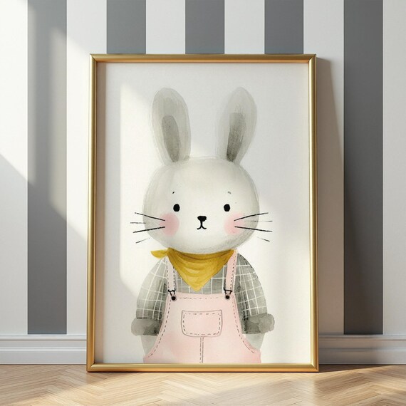 Cute Bunny Portrait Pink Overalls Nursery Watercolor Artwork Poster