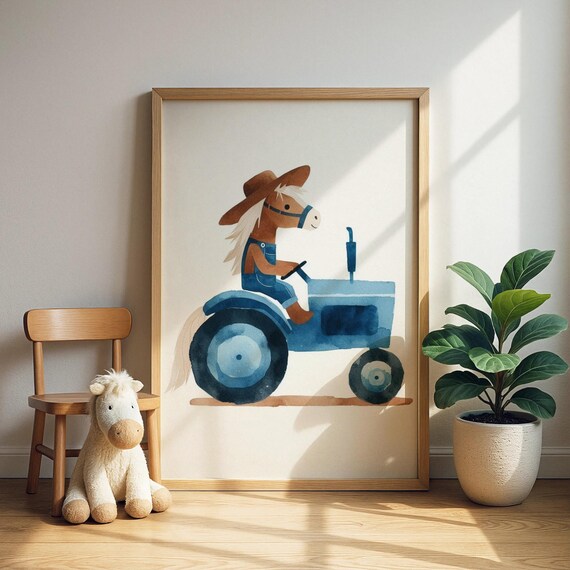Country Horse In Hat Driving A Blue Tractor Watercolor Kids Room Poster