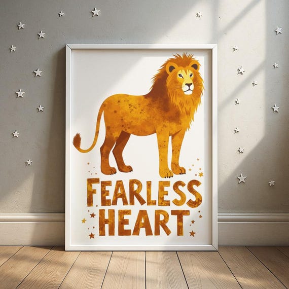 Fearless Heart Lion Print Majestic Inspirational Quote Illustration Kids Room Decor