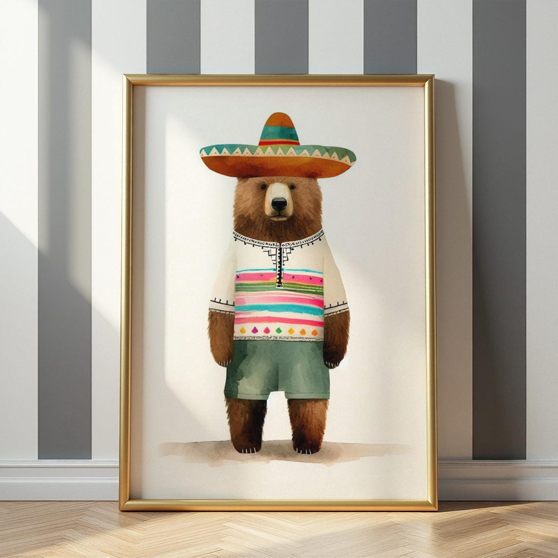 Bear in Sombrero and Striped Poncho Mexican Style Nursery Wall Poster