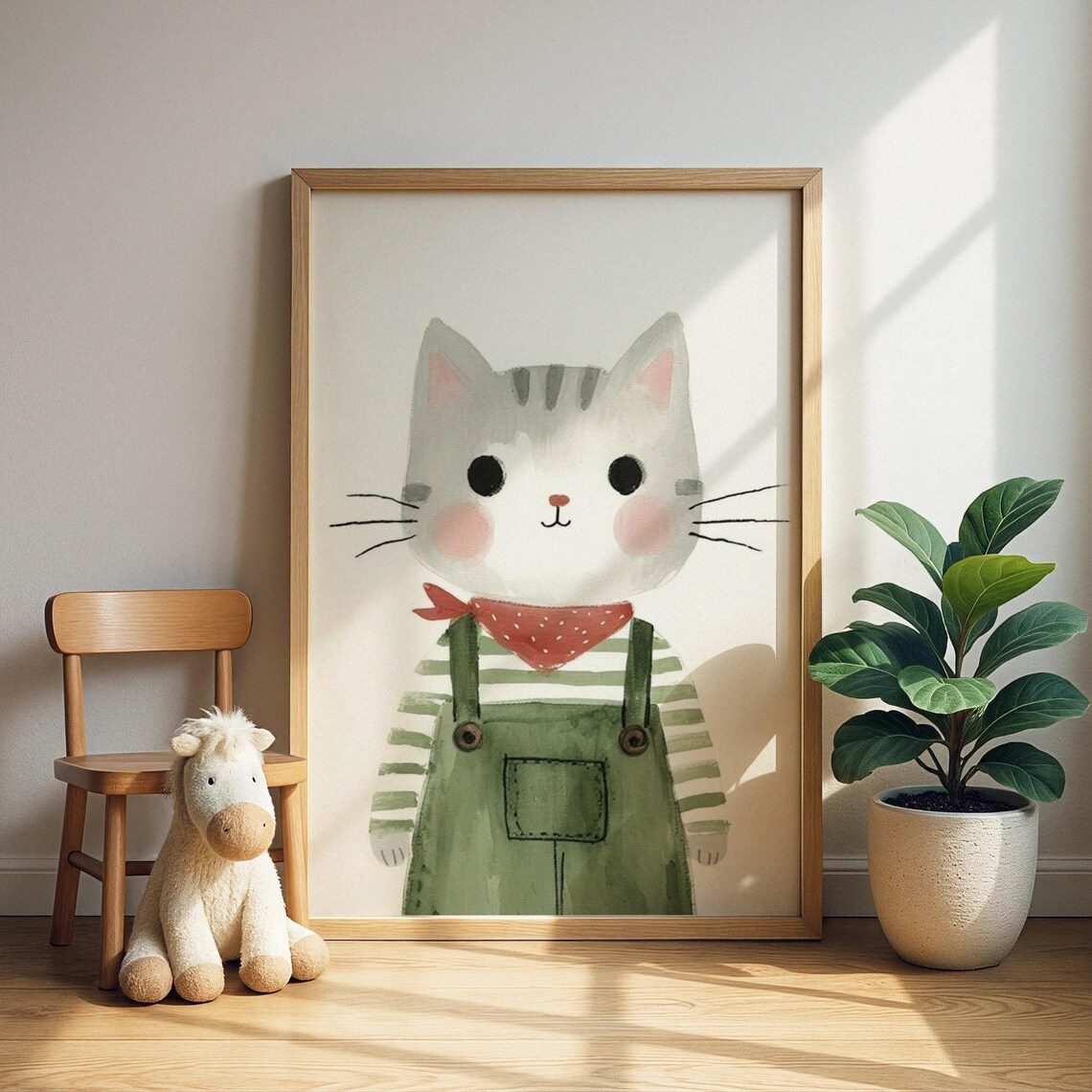 Adorable Kitten In Green Overalls Red Bandana Watercolor Poster