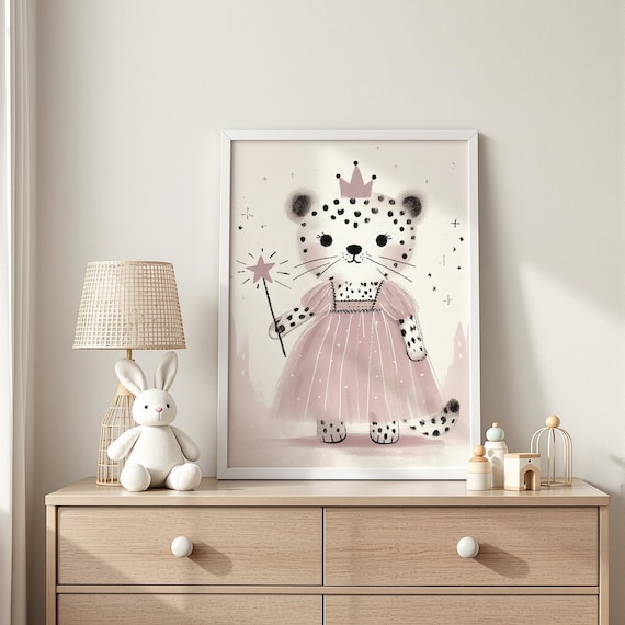 Cute Leopard Princess Kitten in Pink Dress Crown Wand Poster