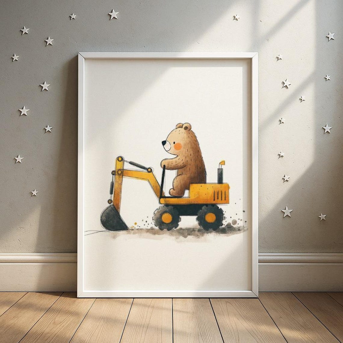 Cute Brown Bear Riding Yellow Excavator Construction Kids Poster